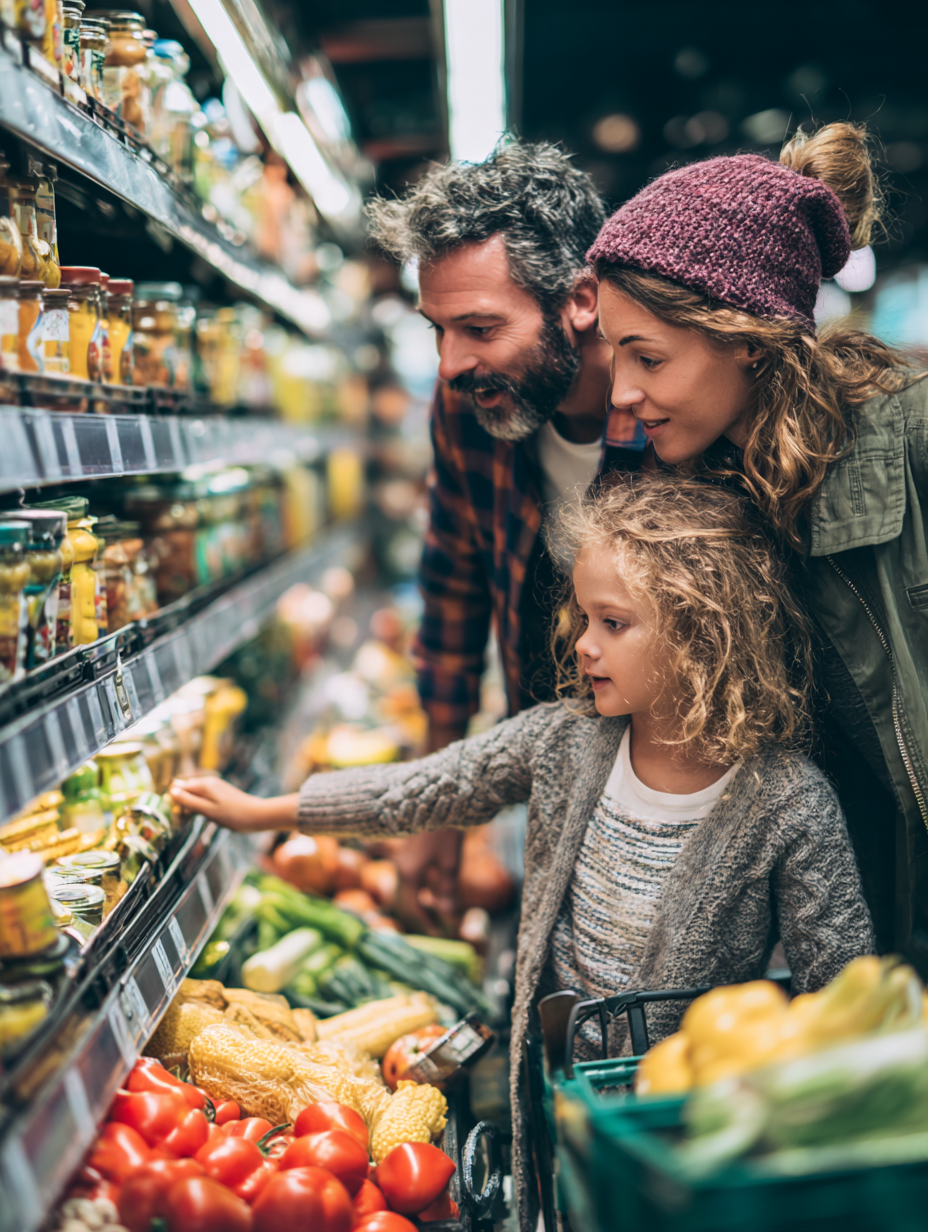 Дитина  разом з батьками орирає продукти в супермаркеті